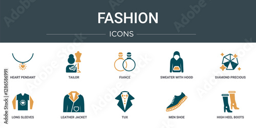 set of 10 outline web fashion icons such as heart pendant, tailor, fiance, sweater with hood and pocket, diamond precious stone, long sleeves, leather jacket vector icons for report, presentation,