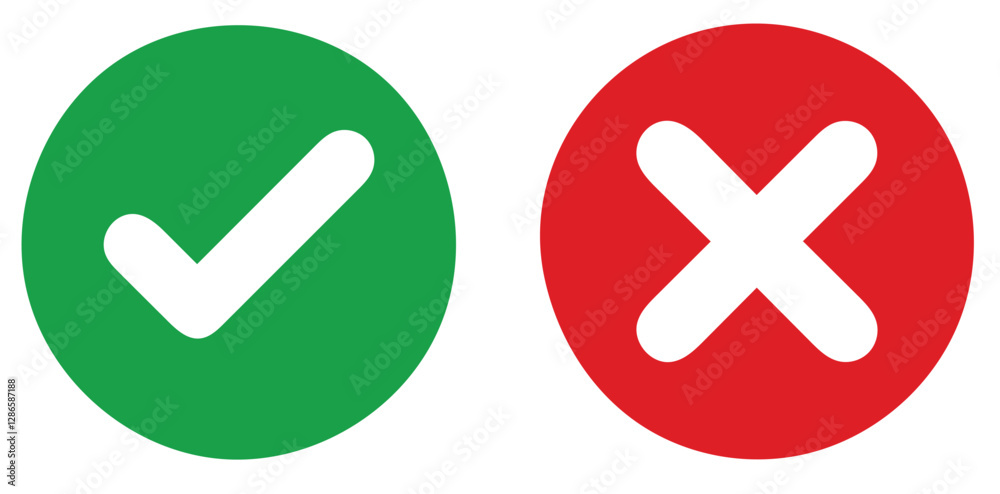 Set of green checkmark, red cross, x mark icon, flat rounded right and wrong sign concept vector illustration. tick mark symbol and x cross icon
