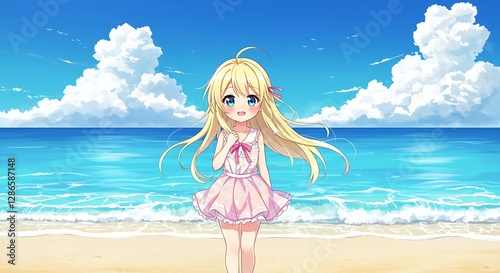 Girl Walking on Beach with Blue Sky and Ocean Waves
