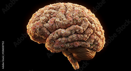 Human Brain Covered in Flowers Representing Growth and Cognitive Potential