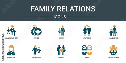set of 10 outline web family relations icons such as granddaughter, fiance, niece, girlfriend, grandchild, daughter, grandson vector icons for report, presentation, diagram, web design, mobile app