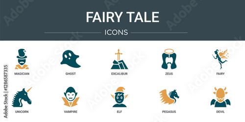 set of 10 outline web fairy tale icons such as magician, ghost, excalibur, zeus, fairy, unicorn, vampire vector icons for report, presentation, diagram, web design, mobile app