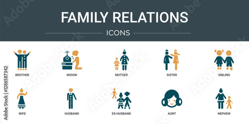 set of 10 outline web family relations icons such as brother, widow, mother, sister, sibling, wife, husband vector icons for report, presentation, diagram, web design, mobile app