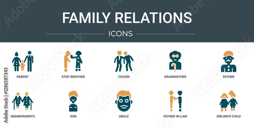 set of 10 outline web family relations icons such as parent, step-brother, cousin, grandfather, father, grandparents, son vector icons for report, presentation, diagram, web design, mobile app