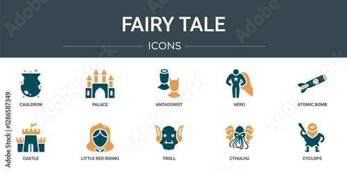 set of 10 outline web fairy tale icons such as cauldron, palace, antagonist, hero, atomic bomb, castle, little red riding hood vector icons for report, presentation, diagram, web design, mobile app