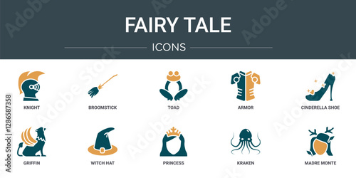 set of 10 outline web fairy tale icons such as knight, broomstick, toad, armor, cinderella shoe, griffin, witch hat vector icons for report, presentation, diagram, web design, mobile app