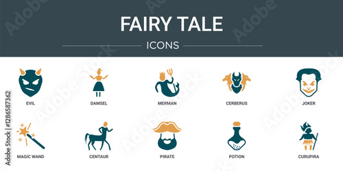 set of 10 outline web fairy tale icons such as evil, damsel, merman, cerberus, joker, magic wand, centaur vector icons for report, presentation, diagram, web design, mobile app