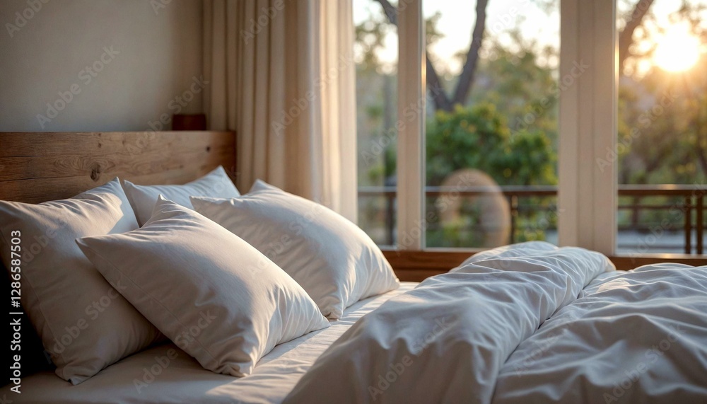 Sunlit bedroom with white sheets and window view Sunlit bedroom with white sheets and window view