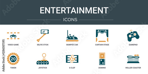 set of 10 outline web entertainment icons such as video game, selfie stick, bumper car, curtain stage, gamepad, token, joystick vector icons for report, presentation, diagram, web design, mobile app