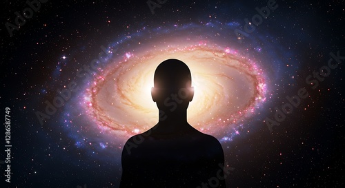 Person Silhouette Contemplates Universe Exploration Cosmic Insight and Spiritual Awakening