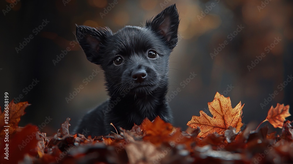 Adorable Black Puppy Amidst Autumn Leaves Adorable Black Puppy Amidst Autumn Leaves