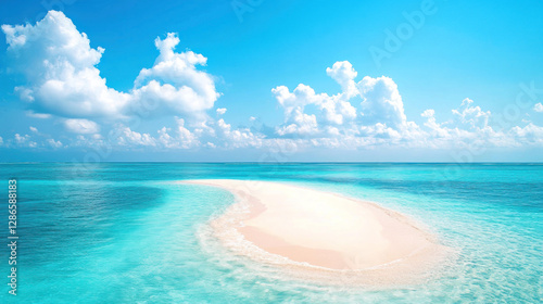 serene tropical beach scene with sandbar surrounded by turquoise water and clear blue sky with fluffy clouds