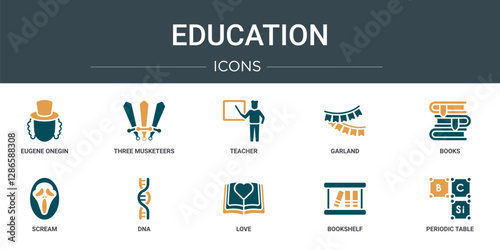 set of 10 outline web education icons such as eugene onegin, three musketeers, teacher, garland, books, scream, dna vector icons for report, presentation, diagram, web design, mobile app