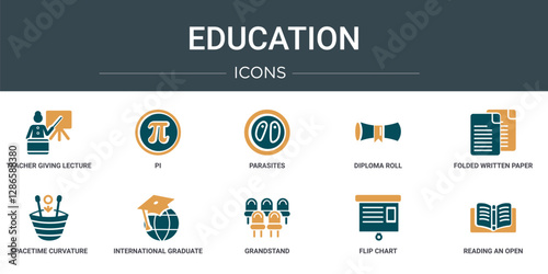 set of 10 outline web education icons such as teacher giving lecture, pi, parasites, diploma roll, folded written paper, spacetime curvature, international graduate vector icons for report,