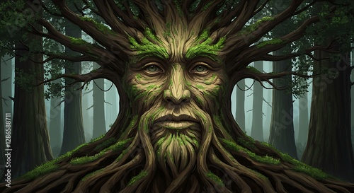 Tree with Human Face and Moss in a Lush Green Forest