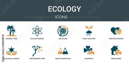 set of 10 outline web ecology icons such as coconut tree, nuclear energy, recycling, plant and root, tree with hearts, ecological energy source, wind bending tree vector icons for report,