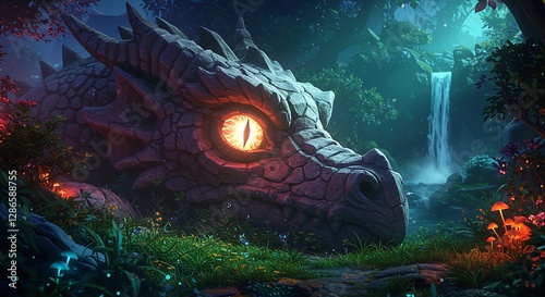 Stone Dragon Lying Near Waterfall with Glowing Eye in Forest