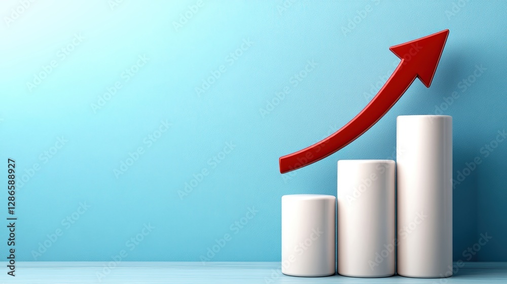 Growth Chart with White Columns and Red Arrow on Blue Background Growth Chart with White Columns and Red Arrow on Blue Background