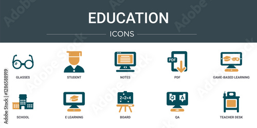 set of 10 outline web education icons such as glasses, student, notes, pdf, game-based learning, school, e learning vector icons for report, presentation, diagram, web design, mobile app