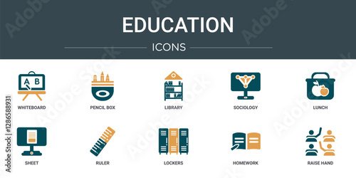 set of 10 outline web education icons such as whiteboard, pencil box, library, sociology, lunch, sheet, ruler vector icons for report, presentation, diagram, web design, mobile app