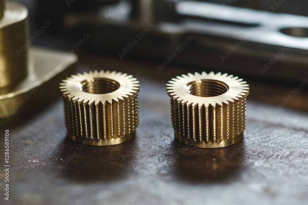 Two precision-machined brass gears with intricate detailing, showcasing high-quality craftsmanship. Two precision-machined brass gears with intricate detailing, showcasing high-quality craftsmanship.