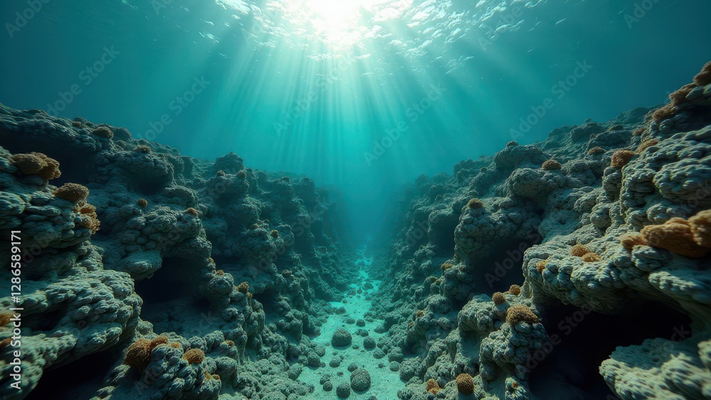 Fototapeta premium Underwater view of bleached coral reef with deep crevice and sun rays filtering through clear water