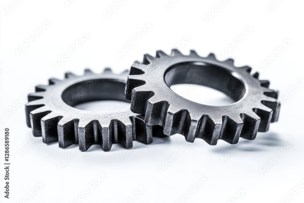 Two metallic gears interlocked, symbolizing teamwork, precision, and industrial machinery. Two metallic gears interlocked, symbolizing teamwork, precision, and industrial machinery.