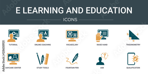 set of 10 outline web e learning and education icons such as tutorial, online coaching, vocabulary, raise hand, trigonometry, daycare center, study tools vector icons for report, presentation,