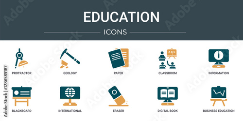 set of 10 outline web education icons such as protractor, geology, paper, classroom, information, blackboard, international vector icons for report, presentation, diagram, web design, mobile app