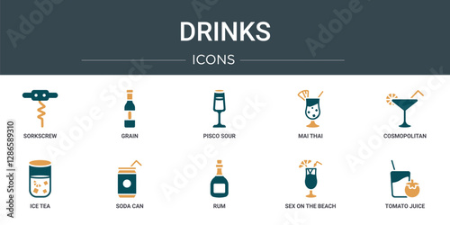 set of 10 outline web drinks icons such as sorkscrew, grain, pisco sour, mai thai, cosmopolitan, ice tea, soda can vector icons for report, presentation, diagram, web design, mobile app