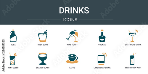 set of 10 outline web drinks icons such as tuba, irish sour, wine toast, cognac, last word drink, mint julep, brandy glass vector icons for report, presentation, diagram, web design, mobile app