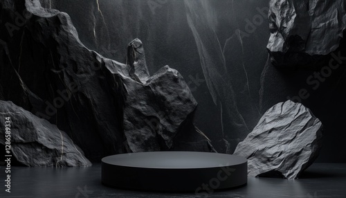 Abstract Composition With Dark Black Rock Podium For Product Presentation And Sale, With Showcase And Pedestal For Cosmetics. Ample Copy Space, Rendering Included. photo