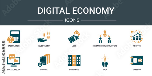 set of 10 outline web digital economy icons such as calculator, investment, loss, hierarchical structure, profits, social media, invoice vector icons for report, presentation, diagram, web design,