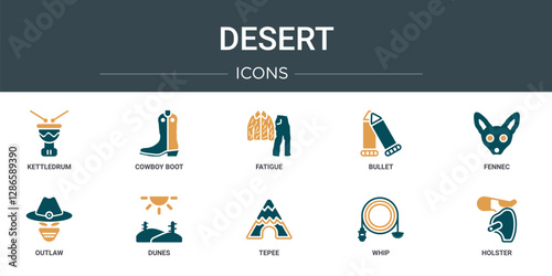 set of 10 outline web desert icons such as kettledrum, cowboy boot, fatigue, bullet, fennec, outlaw, dunes vector icons for report, presentation, diagram, web design, mobile app