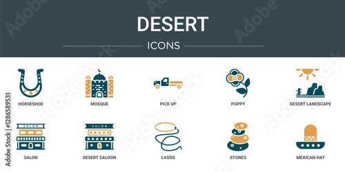 set of 10 outline web desert icons such as horseshoe, mosque, pick up, poppy, desert landscape, salon, desert saloon vector icons for report, presentation, diagram, web design, mobile app