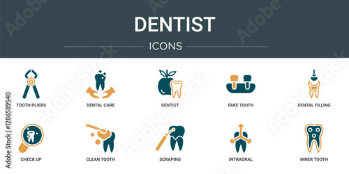 set of 10 outline web dentist icons such as tooth pliers, dental care, dentist, fake tooth, dental filling, check up, clean tooth vector icons for report, presentation, diagram, web design, mobile