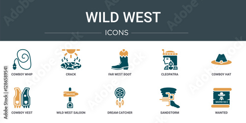 set of 10 outline web wild west icons such as cowboy whip, crack, far west boot, cleopatra, cowboy hat, cowboy vest, wild west saloon vector icons for report, presentation, diagram, web design,