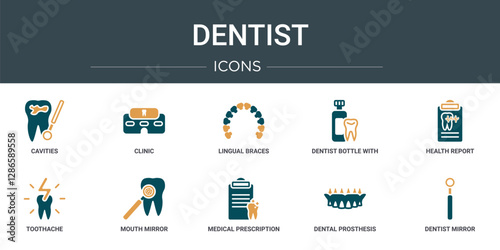 set of 10 outline web dentist icons such as cavities, clinic, lingual braces, dentist bottle with liquid, health report, toothache, mouth mirror vector icons for report, presentation, diagram, web