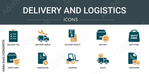 set of 10 outline web delivery and logistics icons such as delivery tag, delivery shield, safety, factory, duty free, earth grid, warehouse vector icons for report, presentation, diagram, web