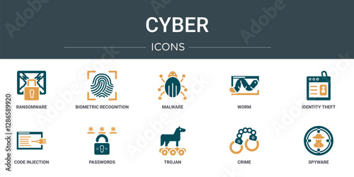 set of 10 outline web cyber icons such as ransomware, biometric recognition, malware, worm, identity theft, code injection, passwords vector icons for report, presentation, diagram, web design,