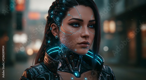 Woman with Futuristic Technology Implants Wearing Jacket in Street Setting