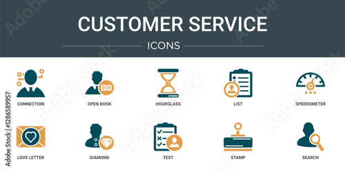 set of 10 outline web customer service icons such as connection, open book, hourglass, list, speedometer, love letter, diamond vector icons for report, presentation, diagram, web design, mobile app