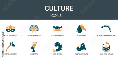 set of 10 outline web culture icons such as mask for brazil carnival celebration, native american skull, cantonese fish, horse head, australian boomerang, native american axes, nefertiti vector