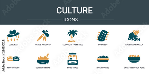 set of 10 outline web culture icons such as cork hat, native american tomahawk, coconuts palm tree of brazil, pork ribs, australian koala, mantecados, corn with pine vector icons for report,