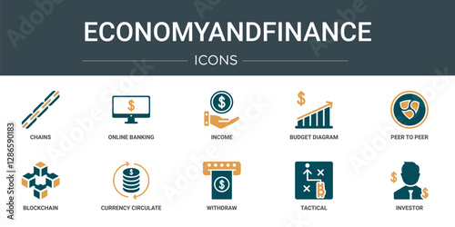 set of 10 outline web economyandfinance icons such as chains, online banking, income, budget diagram, peer to peer, blockchain, currency circulate vector icons for report, presentation, diagram, web