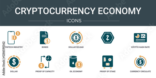 set of 10 outline web cryptocurrency economy icons such as fintech industry, bonds, dollar reload,  , crypto hash rate, dollar, proof of capacity vector icons for report, presentation, diagram, web