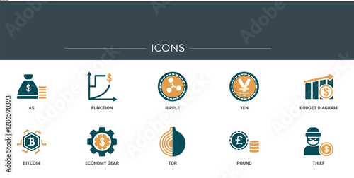 set of 10 outline web blockchain icons such as as, function, ripple, yen, budget diagram, bitcoin, economy gear vector icons for report, presentation, diagram, web design, mobile app