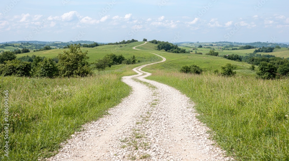 Winding gravel road uphill, green hills, summer day, rural landscape, travel imagery Winding gravel road uphill, green hills, summer day, rural landscape, travel imagery