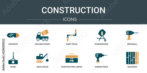 set of 10 outline web construction icons such as concrete, inclined picker, dump truck, screwdrivers, brickwall, chisel, angle ruler vector icons for report, presentation, diagram, web design,