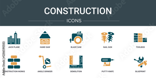 set of 10 outline web construction icons such as jack plane, hand saw, blade saw, nail gun, toolbox, construction works, angle grinder vector icons for report, presentation, diagram, web design,